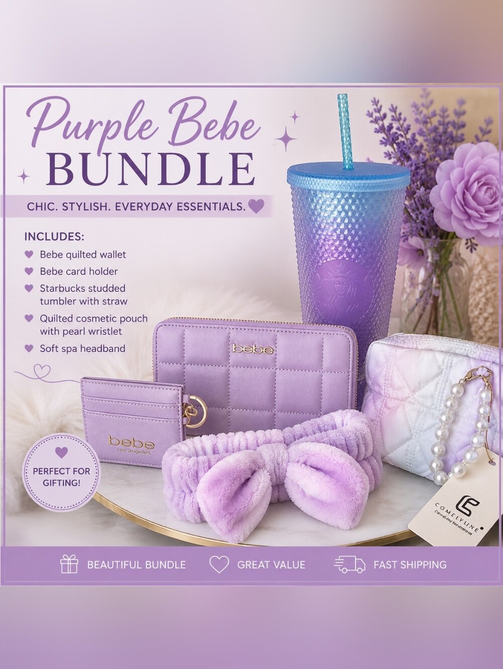 💜 Purple Bebe & Starbucks Self-Care Bundle | Wallet, Card Holder, Quilted Pouch